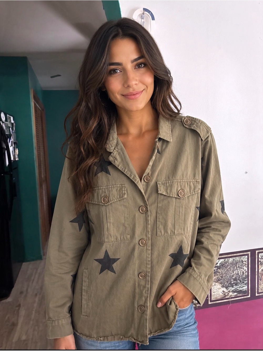 BiBi Olive Utility Jacket with Black Star Print